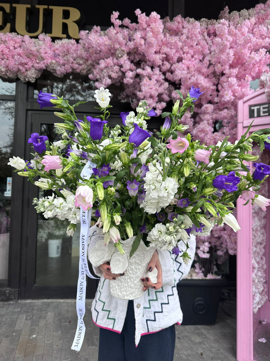 Bellflower waltz - Premium flower arrangement comes in a beautiful vase. Campanula and stock flowers